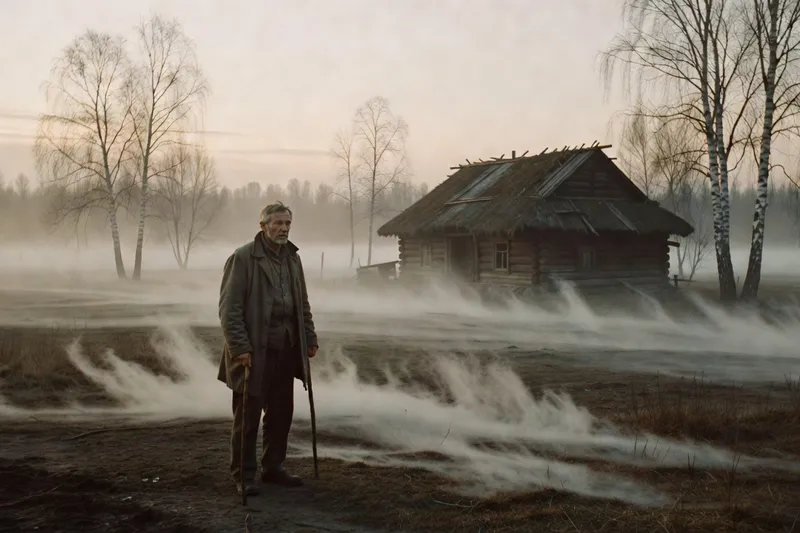 Scène de cinéma russe soviétique, style contemplation Tarkovski
