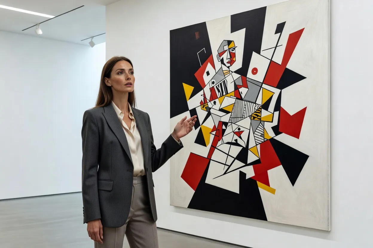 Visiteuse contemplant une composition géométrique abstraite dans une galerie d'art contemporain