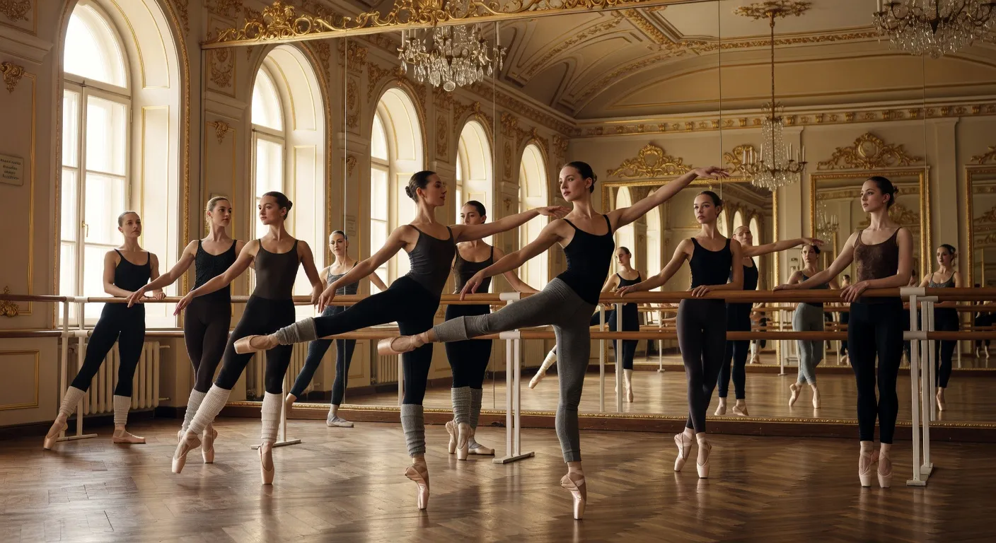 Scene de repetition de ballet classique dans une grande salle de danse avec miroirs et barre