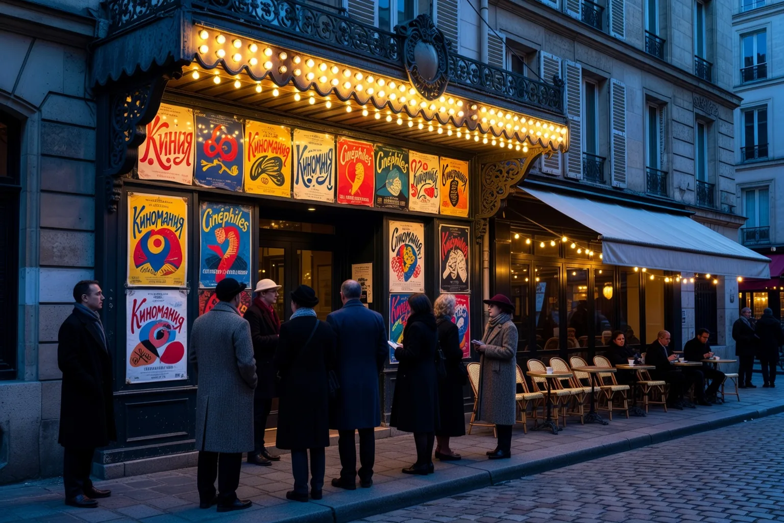 Salle de cinema d’art et essai parisienne avec affiche de cinema russe