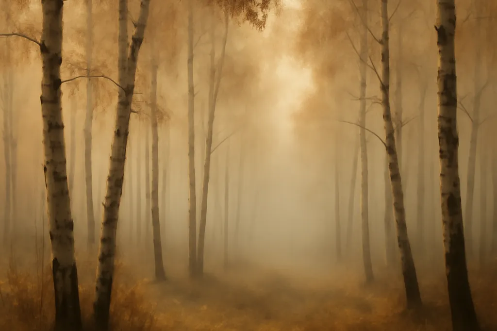 Paysage russe mélancolique évoquant l'esthétique poétique de Tarkovski, forêt brumeuse