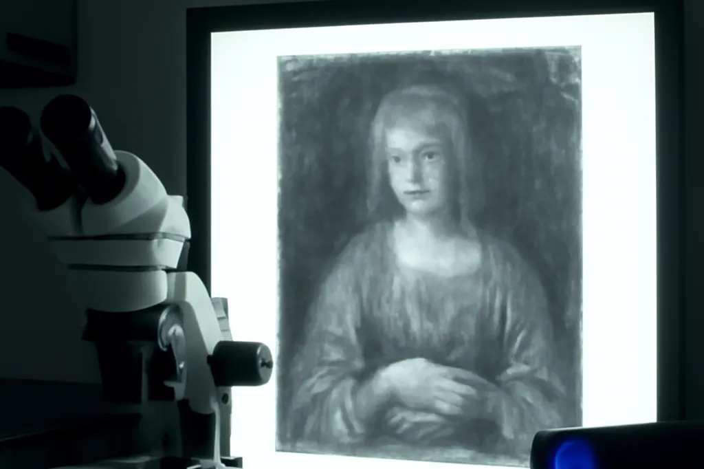 Radiographie d'un tableau ancien affichée sur un écran lumineux dans un laboratoire d'expertise