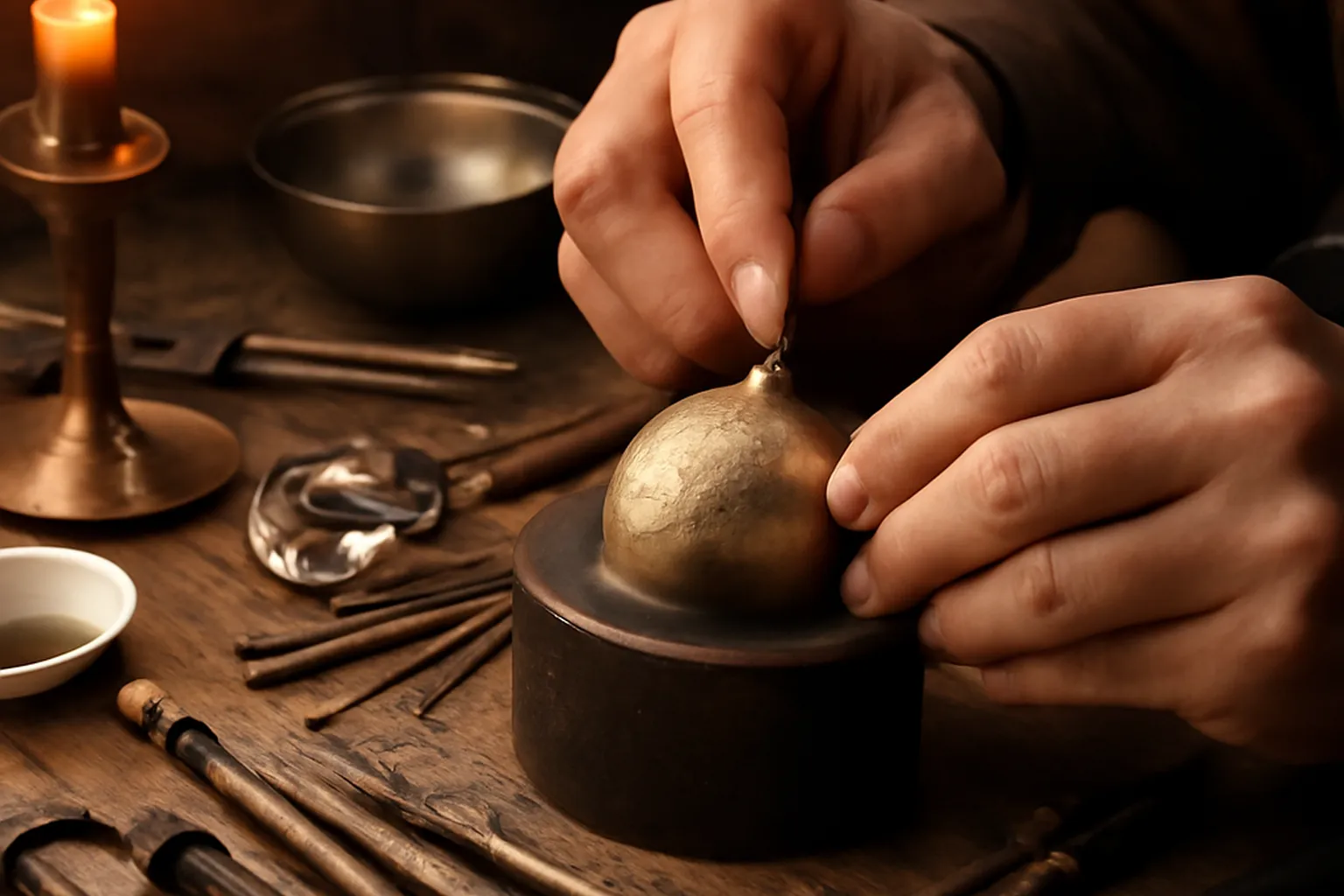 Atelier d’orfèvre russe du XIXe siècle, outils de guillochage et pièces en cours
