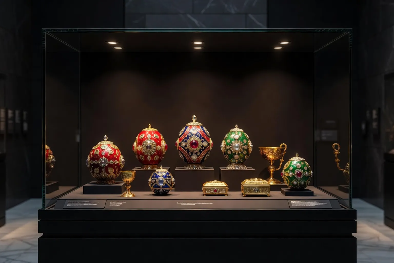 Vitrine de musée présentant une collection d’oeufs et objets Fabergé