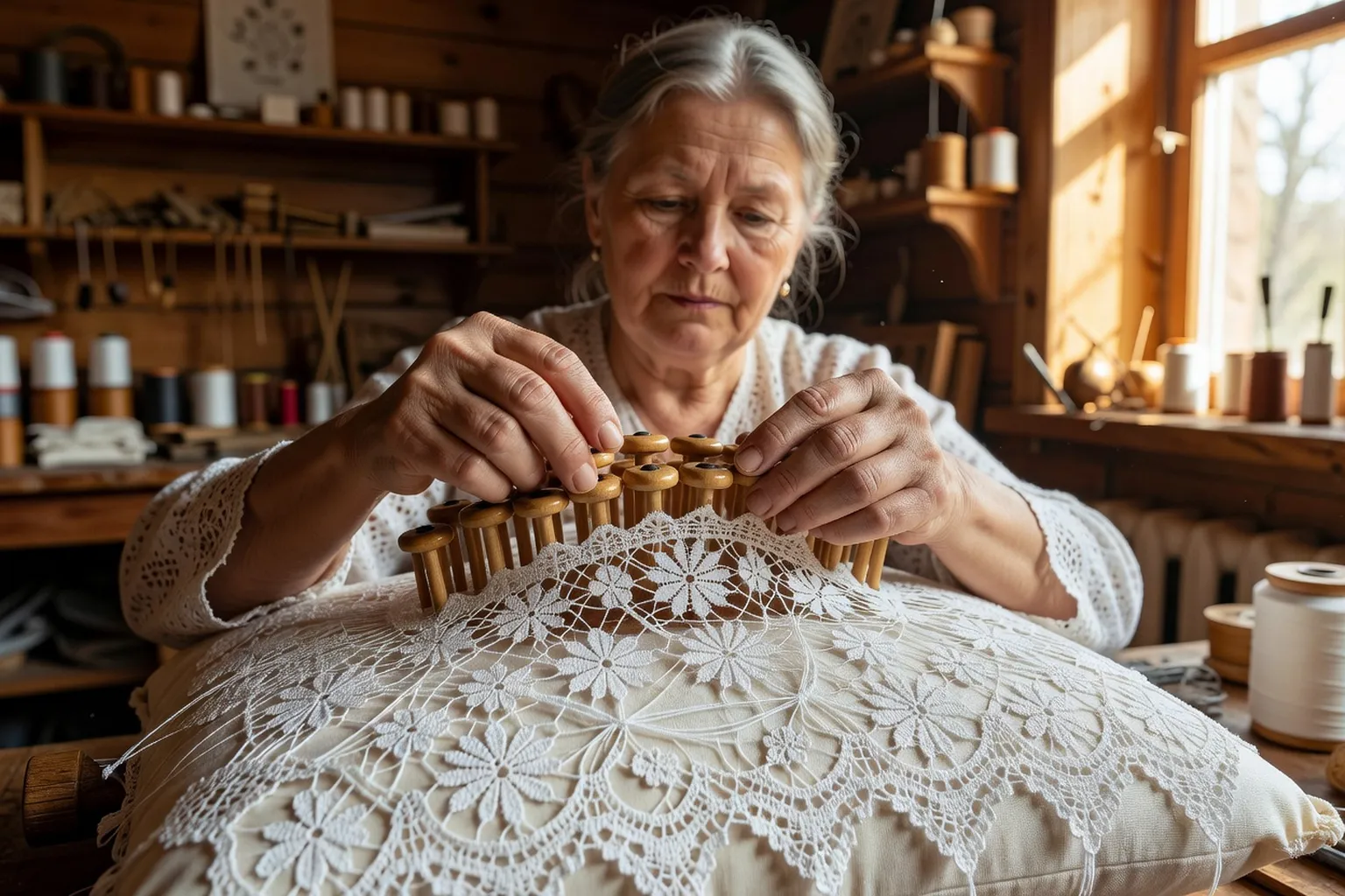 Dentellière russe travaillant aux fuseaux, motifs traditionnels de Vologda