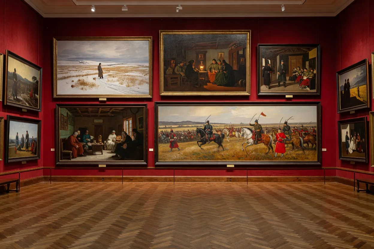 Salle de la Galerie Tretiakov à Moscou présentant des tableaux réalistes russes du XIXe siècle
