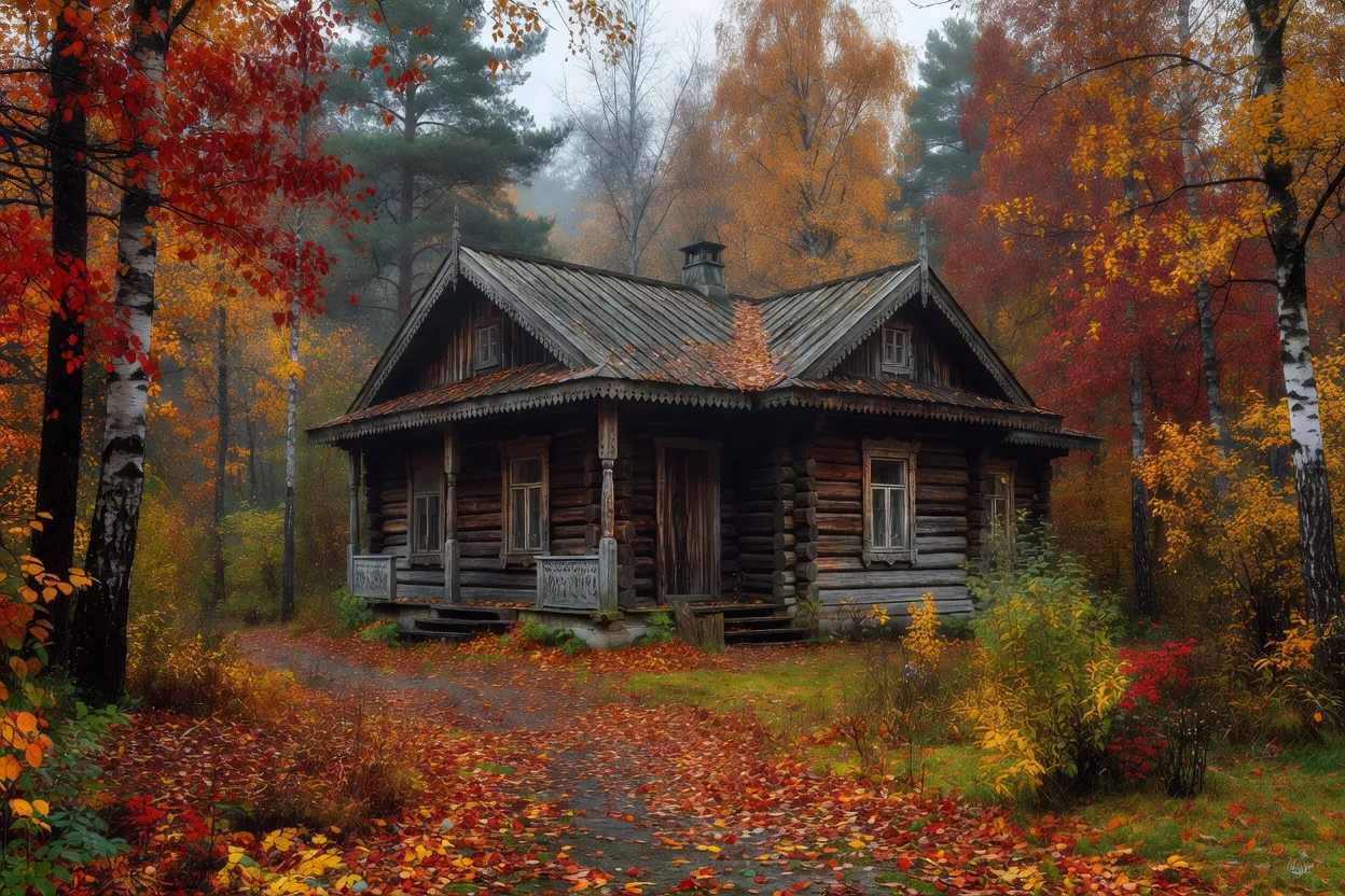 Datcha en bois typique du début du XXe siècle, entourée d'un jardin arboré en automne