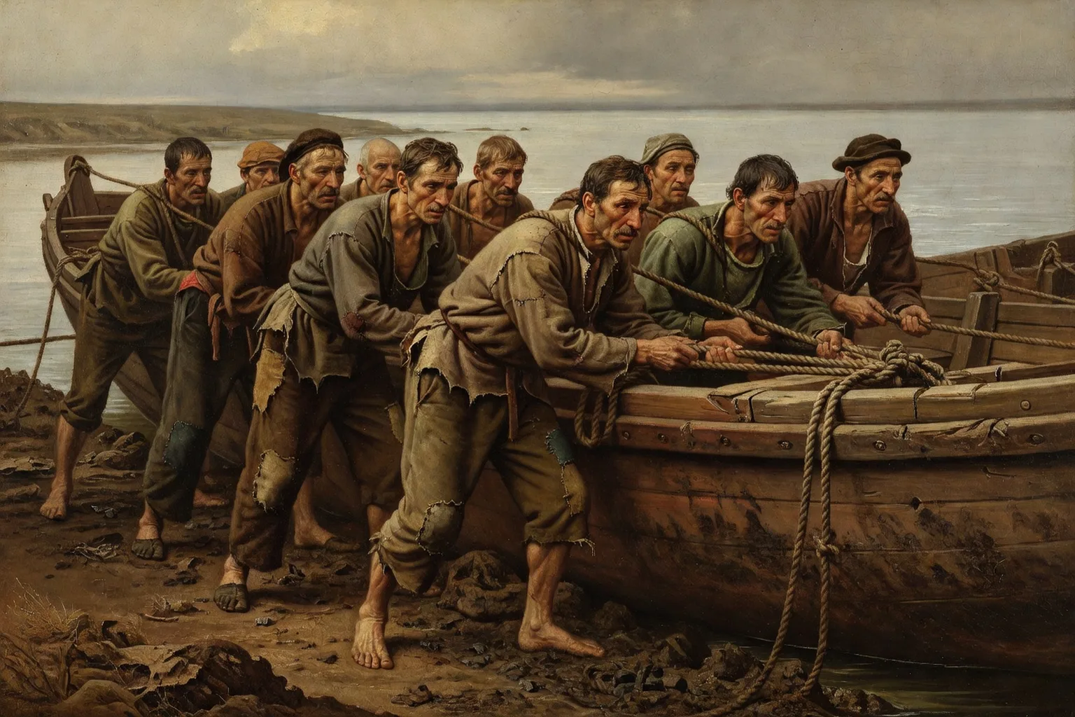 Detail d’une toile de Repin “Les bateliers de la Volga”, style realisme russe