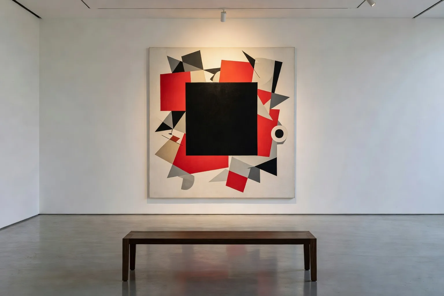 Composition suprematiste rappelant Malevitch, ambiance de galerie d’art moderne