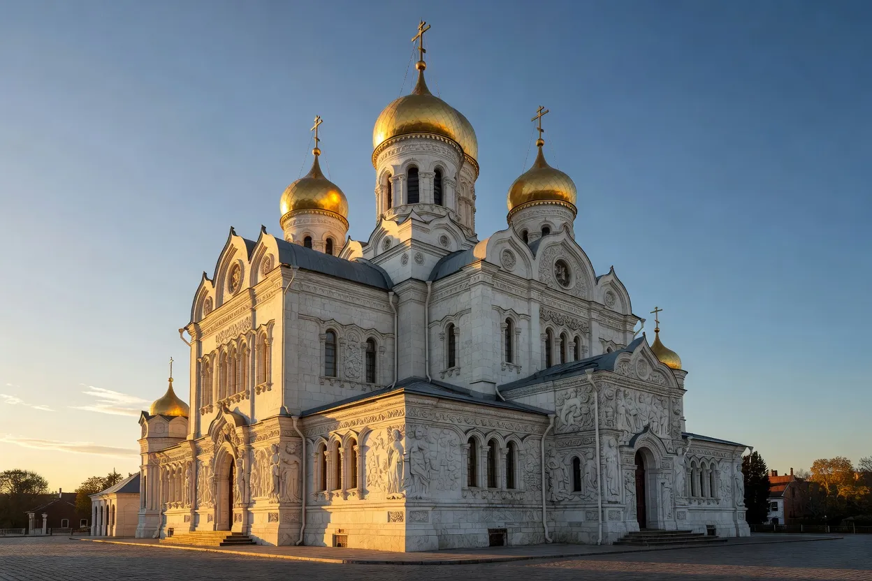 Cathédrale de la Dormition de Vladimir, façade en pierre blanche sculptée et coupoles dorées