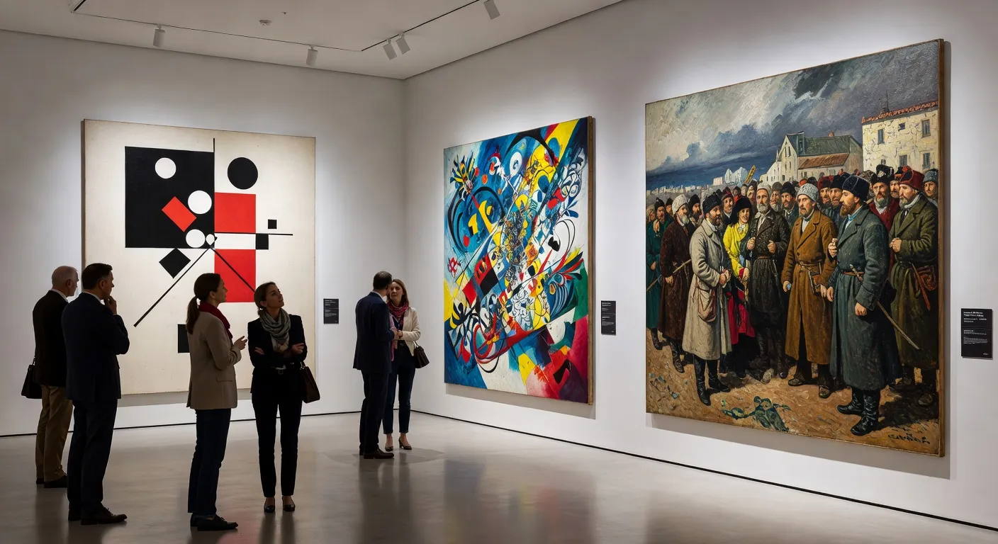 Salle d'exposition consacree aux maitres de la peinture russe, avec des oeuvres de differentes epoques