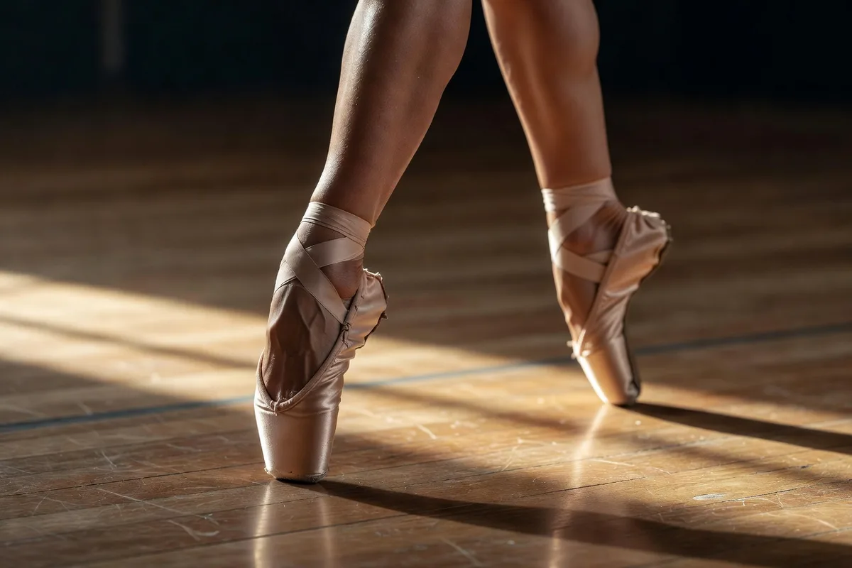 Danseuse de ballet russe en pointe sur scène, tutu classique, éclairage théâtral dramatique