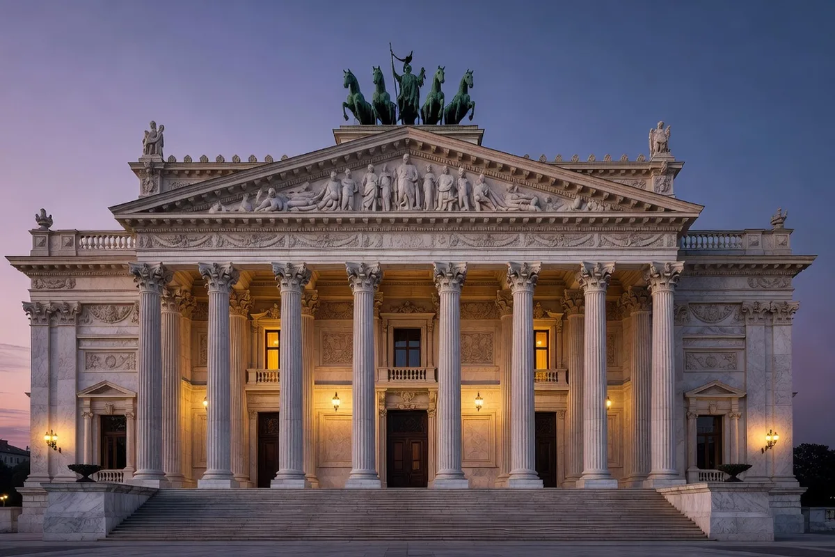 Façade néoclassique d'un grand théâtre russe avec colonnade et quadrige de bronze au sommet