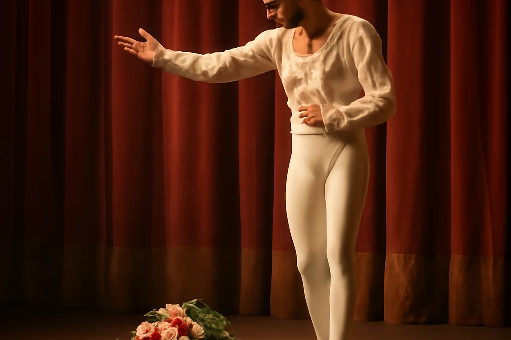 Premier danseur en costume de gala saluant le public sous le rideau d'un théâtre historique russe