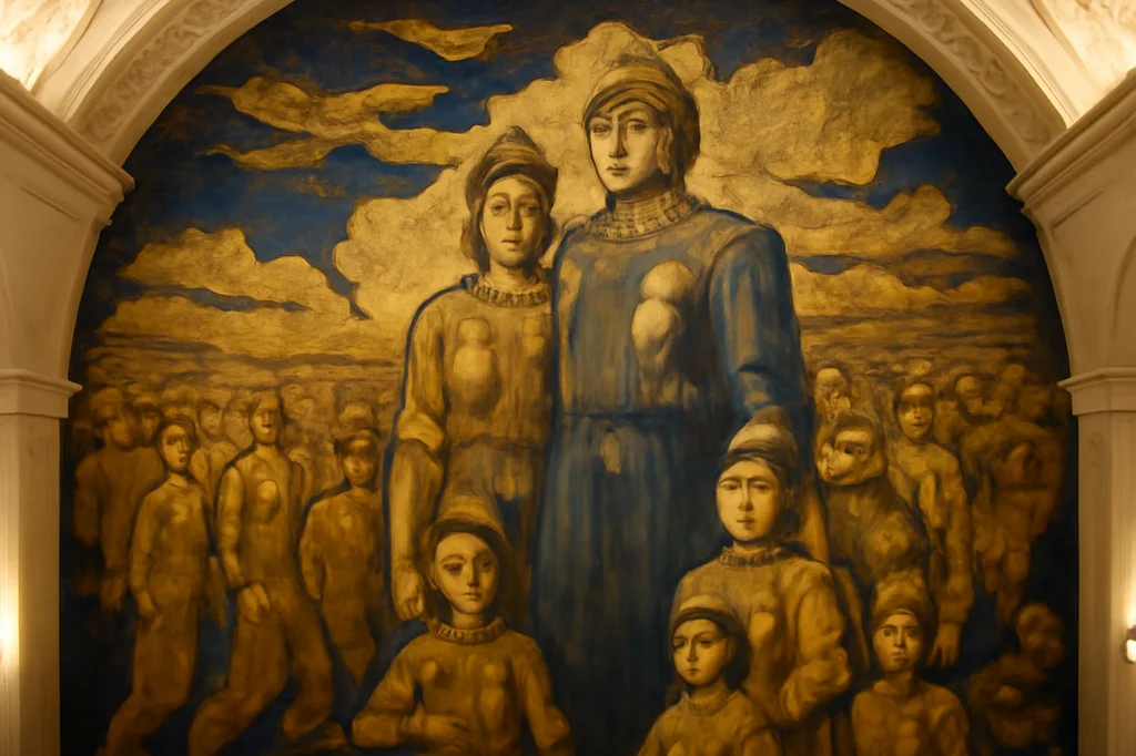 Vaste composition figurative monumentale dans une station de métro aux décors dorés et bleus, style décennies 2000