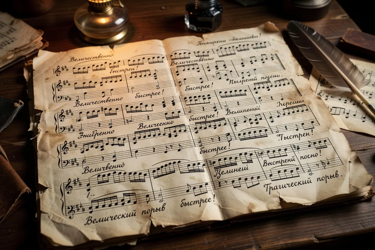 Partition musicale manuscrite avec annotations, baguette de chef d’orchestre