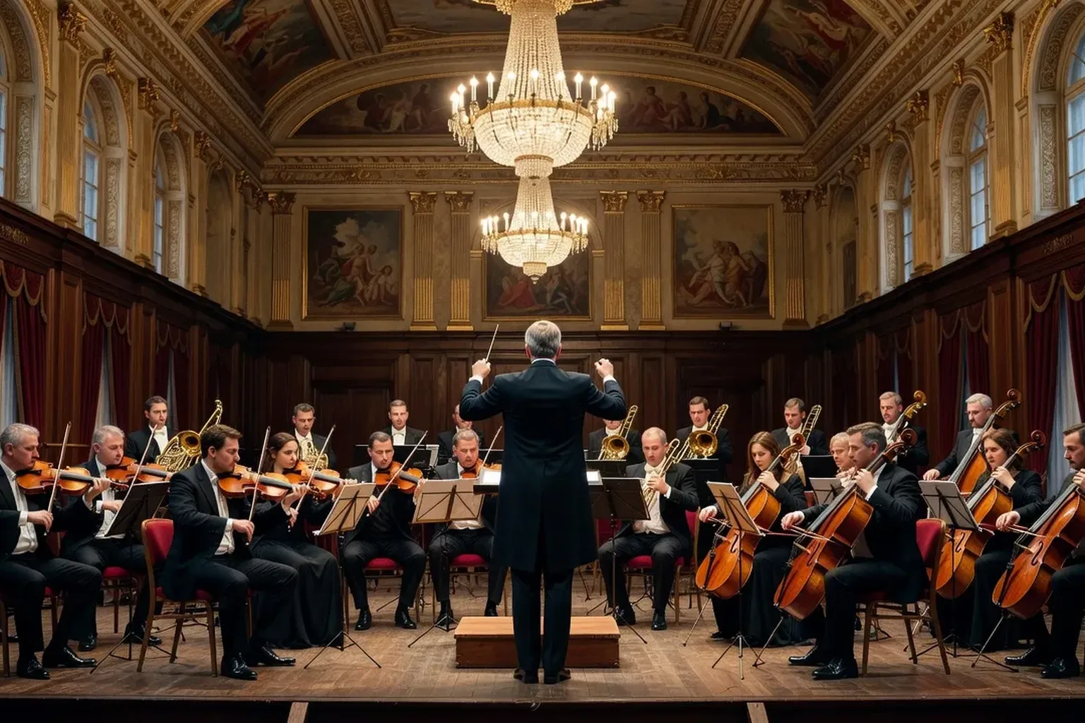 Orchestre symphonique en répétition, violons et cuivres, chef d’orchestre de dos