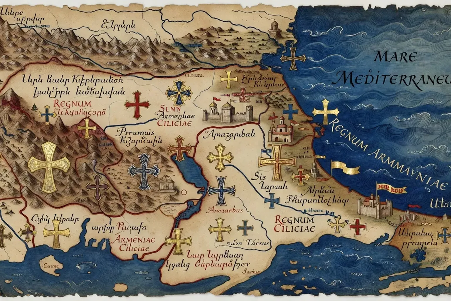 Représentation du royaume arménien de Cilicie au Moyen Âge, allié des Croisés européens, carte historique