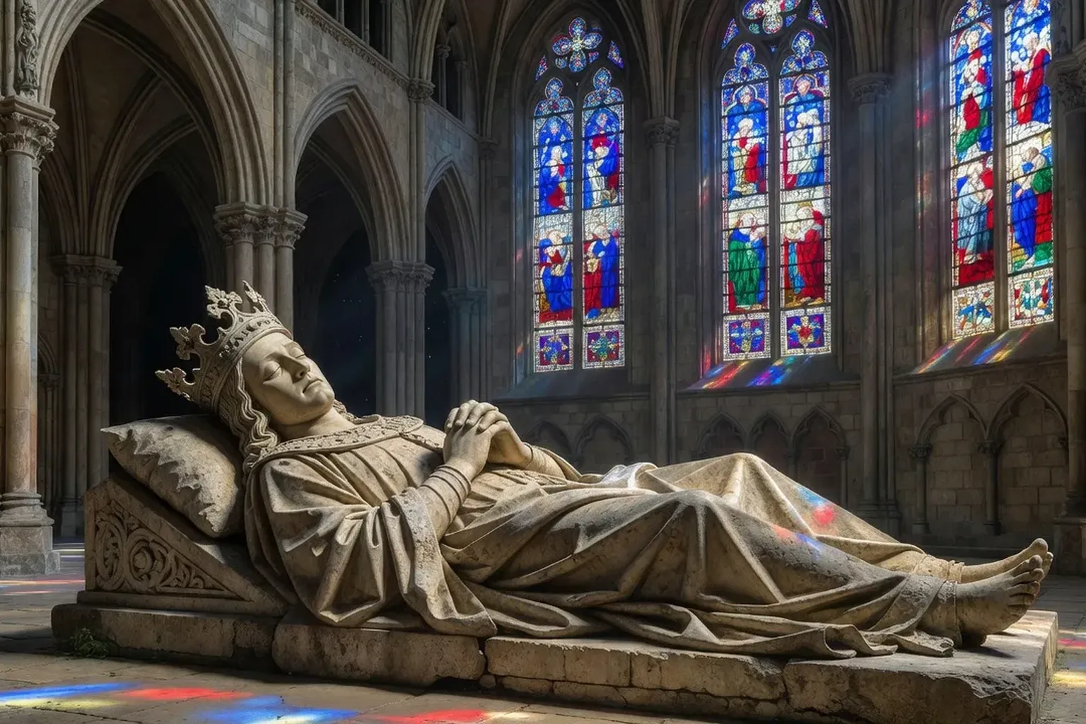 Gisant médiéval d’un roi exilé dans une basilique gothique française, sculpture funéraire dorée