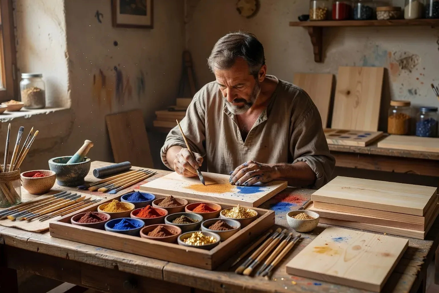 Atelier de peinture d’icônes traditionnel, pigments naturels, pinceaux fins, artisan au travail