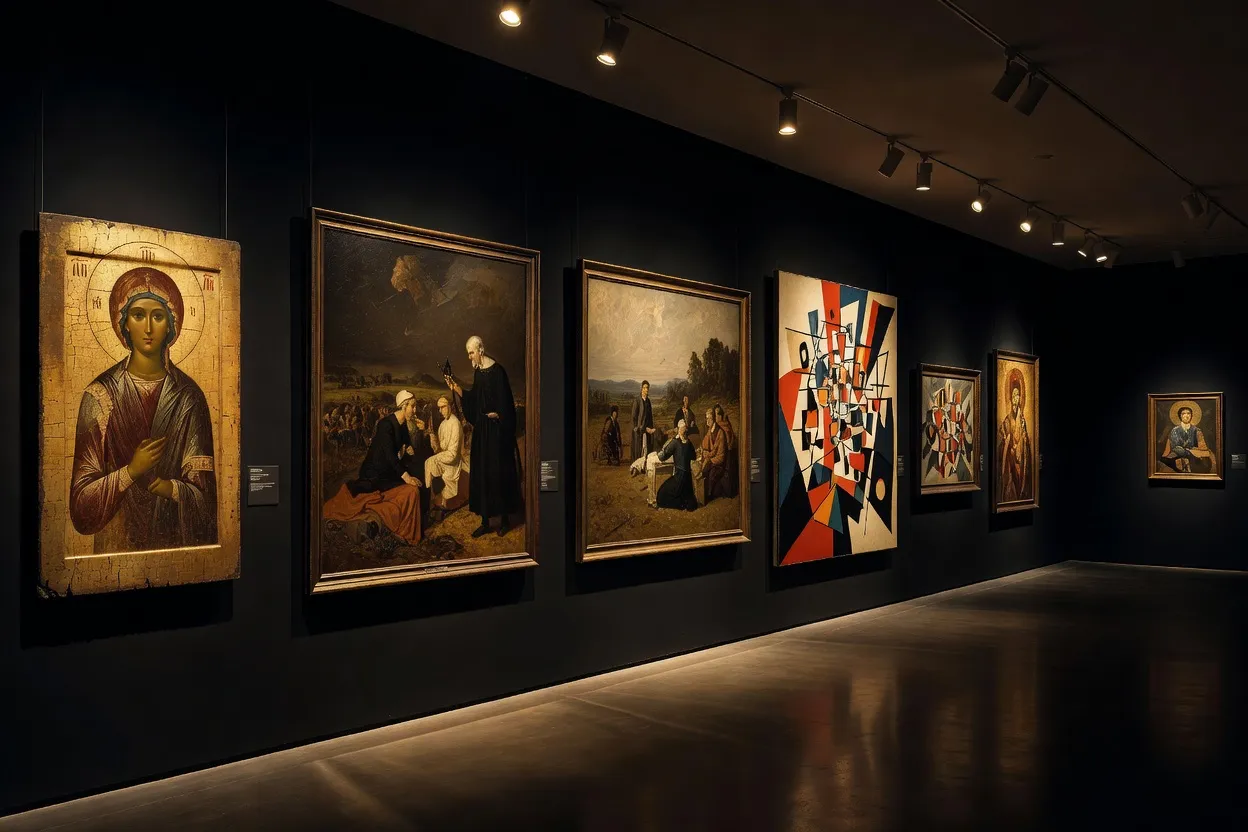 Galerie présentant côte à côte une icône ancienne, une toile réaliste et une composition abstraite, illustrant les grandes périodes de l'art russe