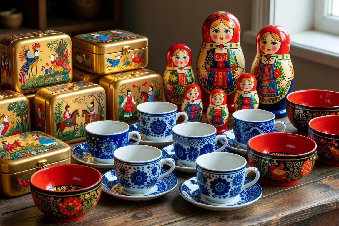 Collection objets artisanat russe boites palekh dorees poupees matriochka ceramiques gzhel bleues khokhloma