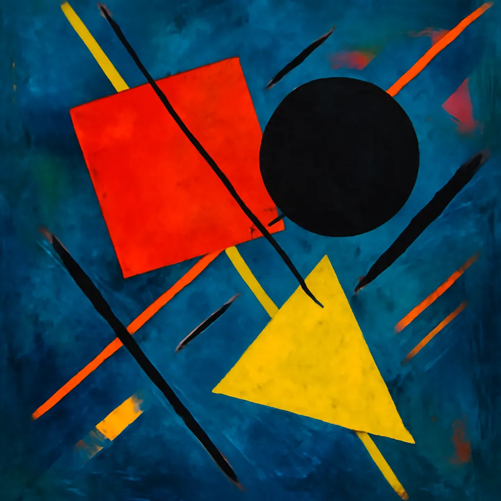 Composition abstraite inspirée du suprématisme russe — formes géométriques sur fond noir, style Malevitch et Kandinsky