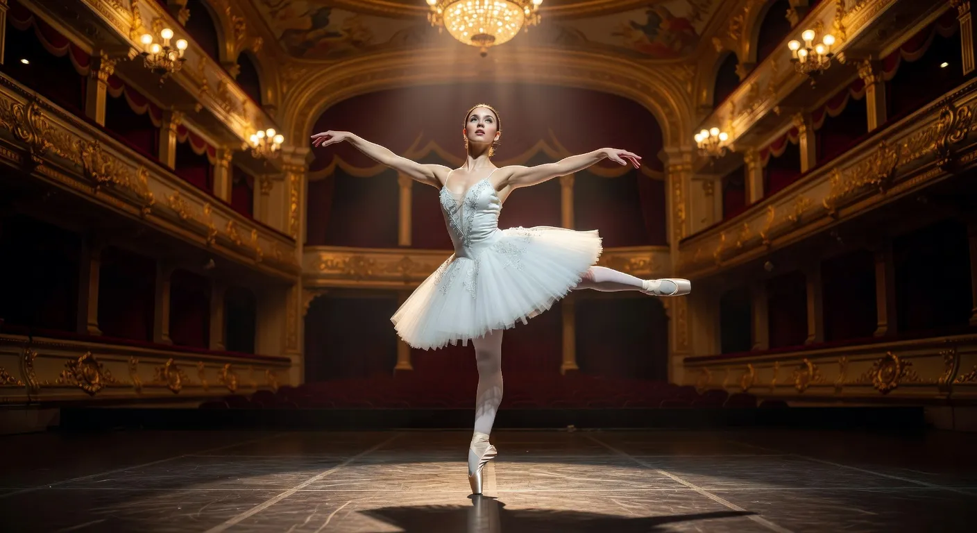 Scene de ballet classique russe avec danseuse en tutu blanc sur scene eclairee