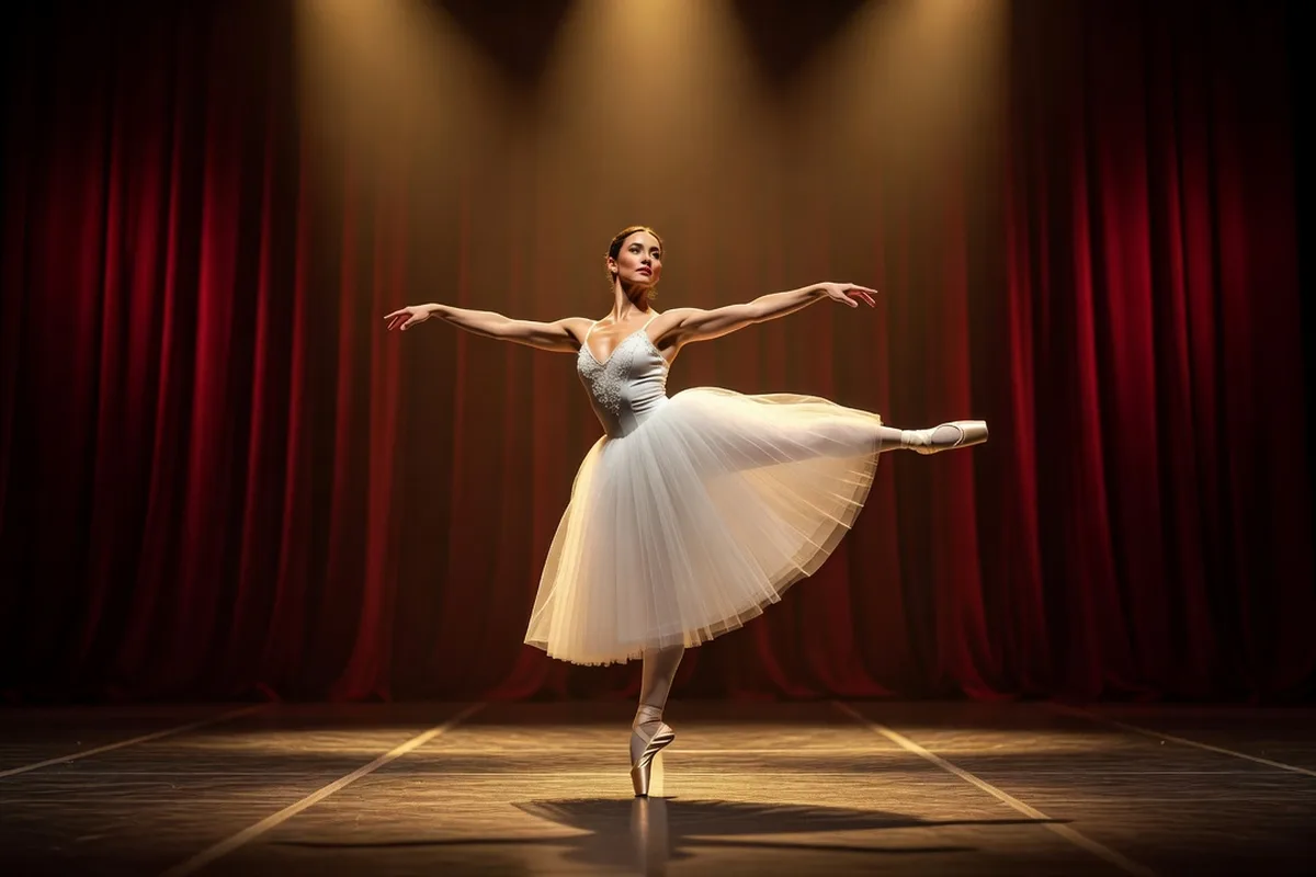 Salle de spectacle parisienne pendant une représentation de ballet russe, danseuse en tutu blanc sous les projecteurs