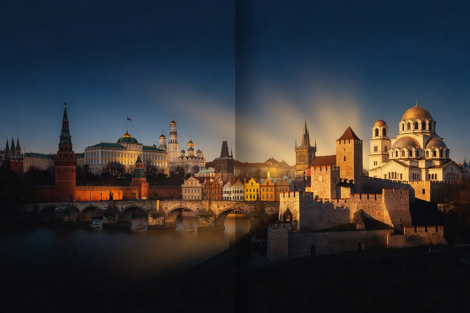 Composition éditoriale des silhouettes de Moscou, Prague, Varsovie et Belgrade au crepuscule
