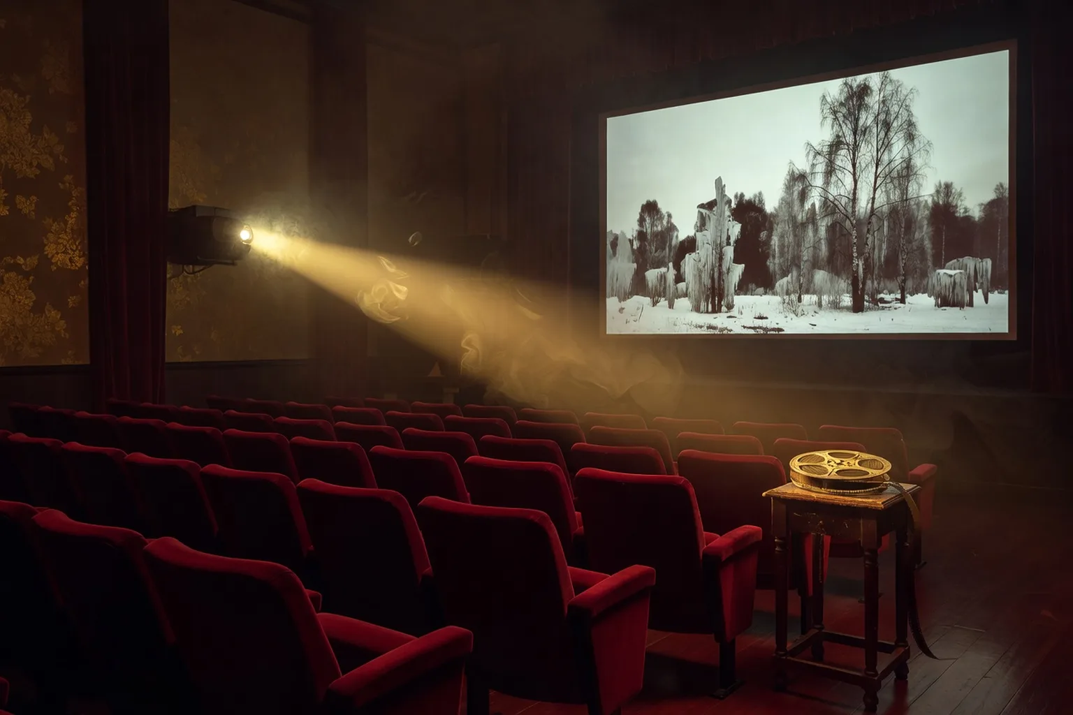 Composition éditoriale évoquant le cinema russe contemporain : pellicule, projecteur, atmosphere de salle obscure