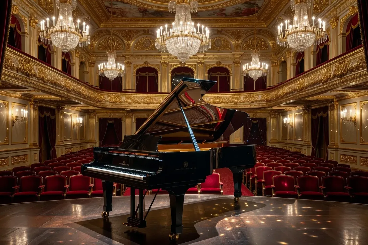 Grand piano à queue ouvert dans une salle de concert dorée, lumière de scène tamisée