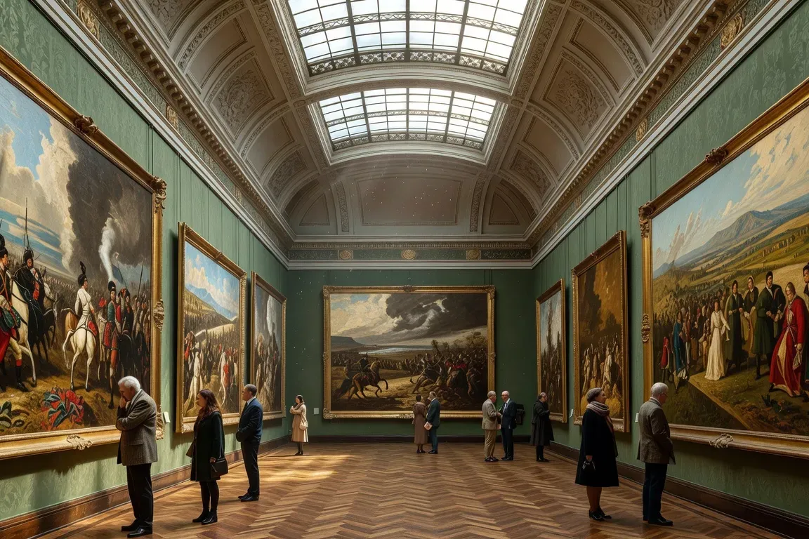 Interieur musée classique avec tableaux russes visiteurs contemplation lumiere naturelle