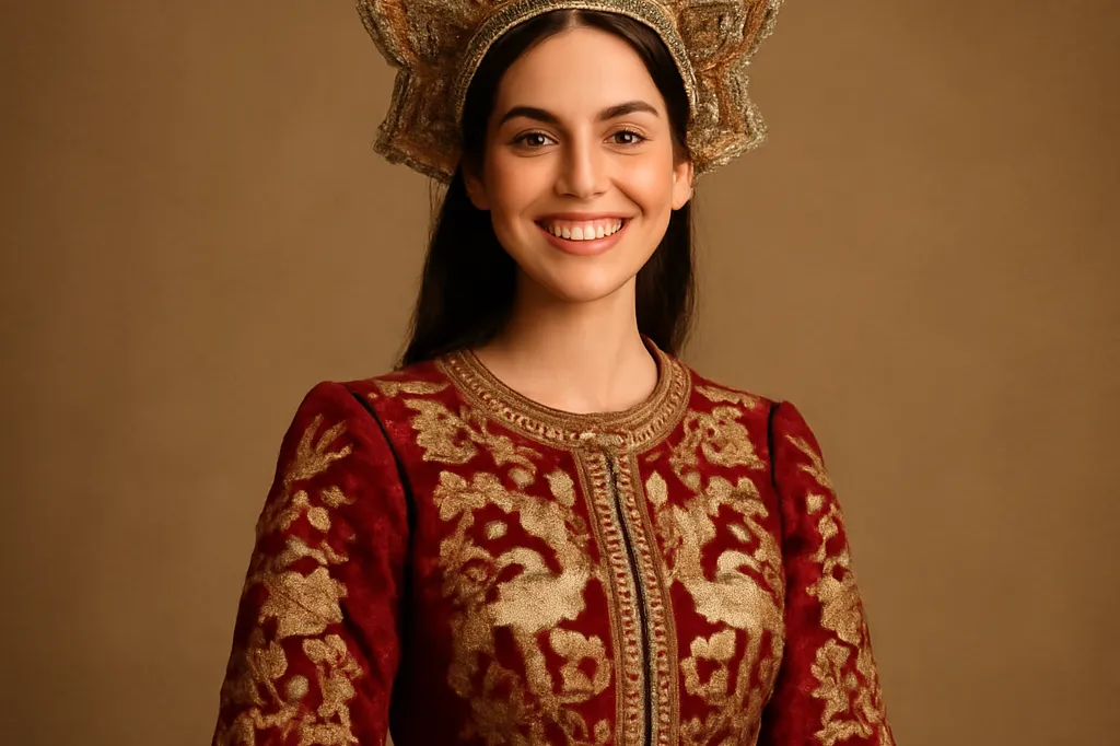 Femme en costume traditionnel russe sarafan et kokochnik brodé, couleurs vives