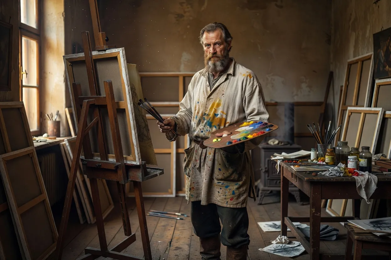 Peintre russe du XIXe siècle dans son atelier, devant un chevalet, évoquant l'univers des Ambulants