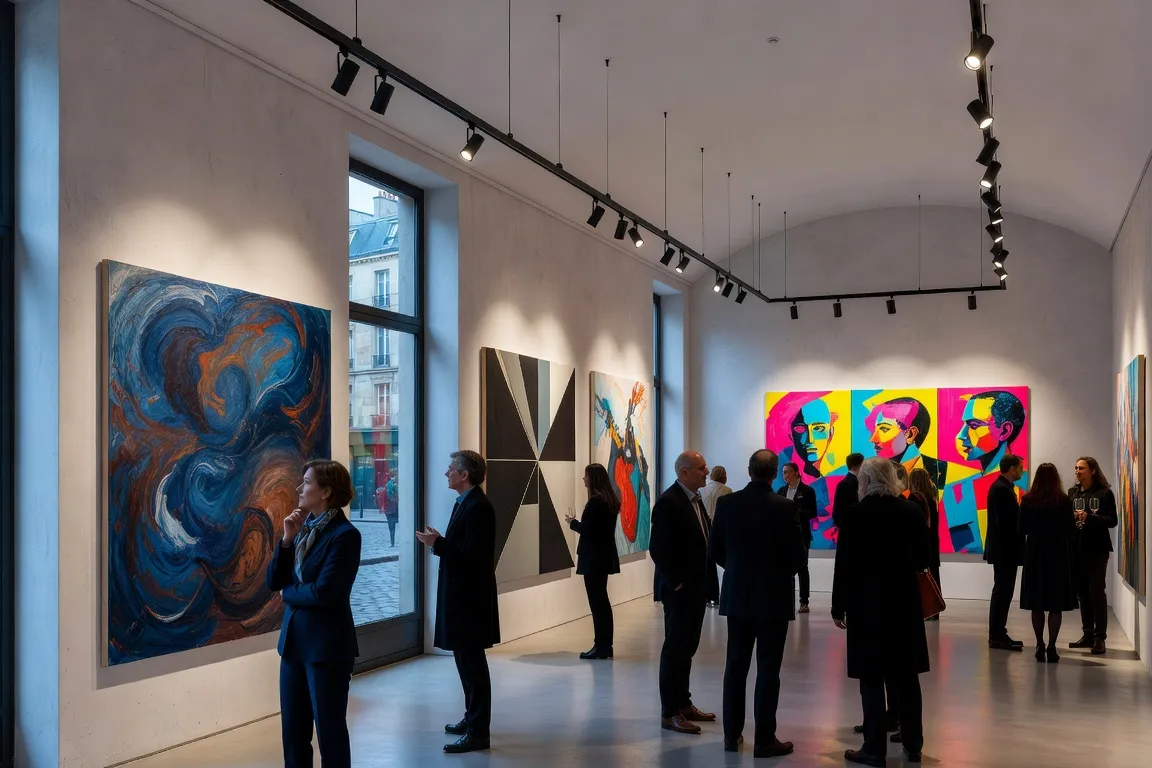 Galerie d'art parisienne avec tableaux russes contemporains, lumière douce sur murs blancs
