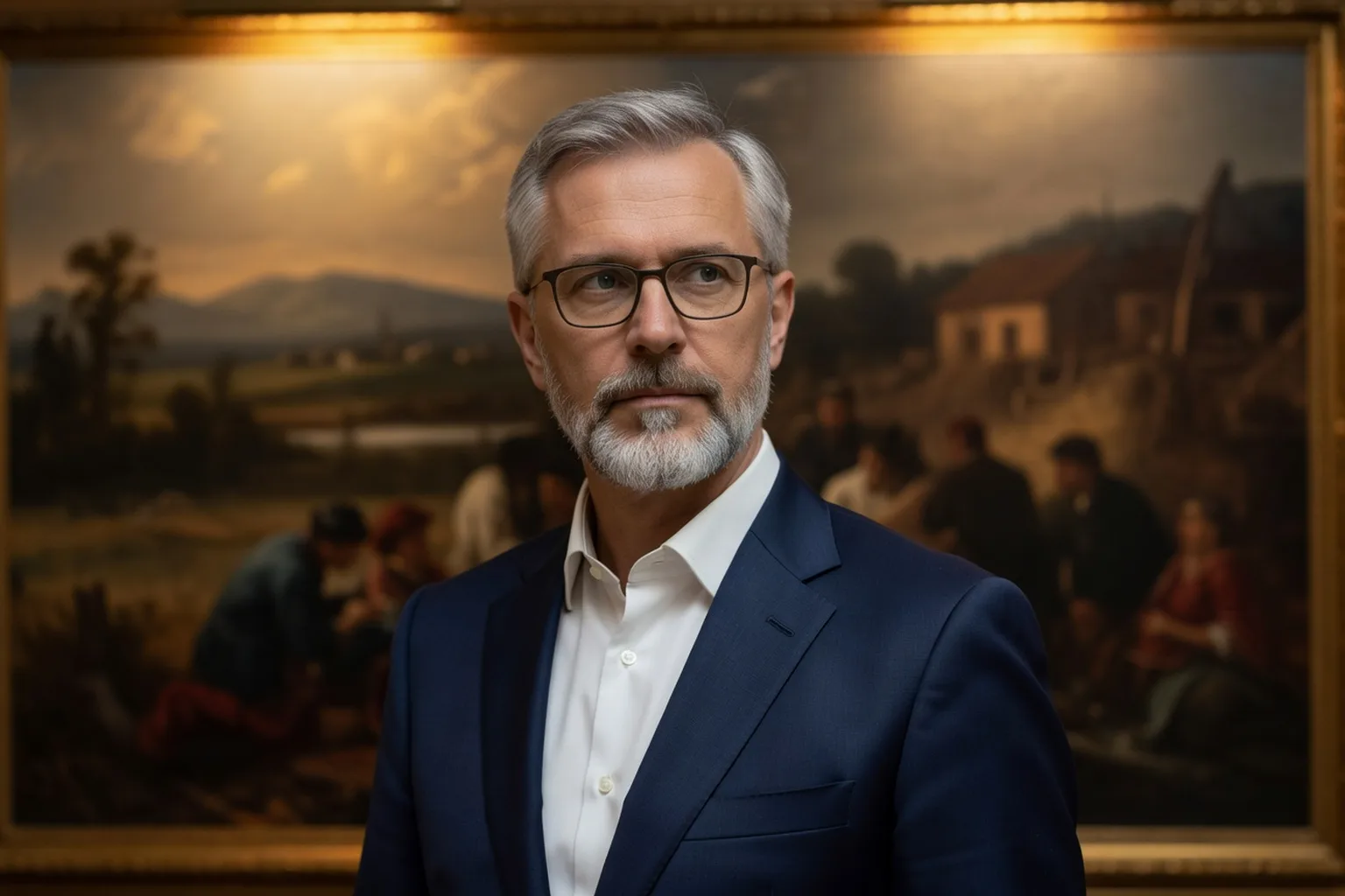Portrait éditorial de Mikhail Petrov, historien d'art spécialisé en peinture russe, dans une galerie