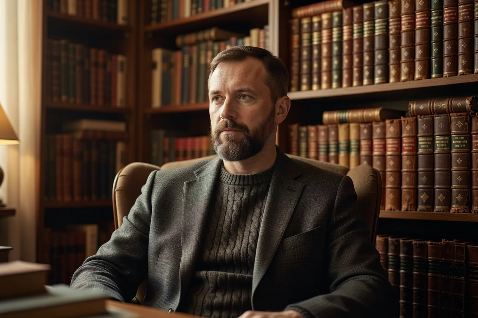 Portrait éditorial de Dimitri Slaviansky, slaviste et ethnologue, dans un cadre de bibliotheque