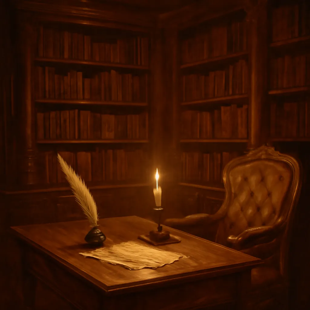 Bibliothèque ancienne avec livres reliés en cuir, bougie, ambiance XIXe siècle feutrée, tons sépia et or