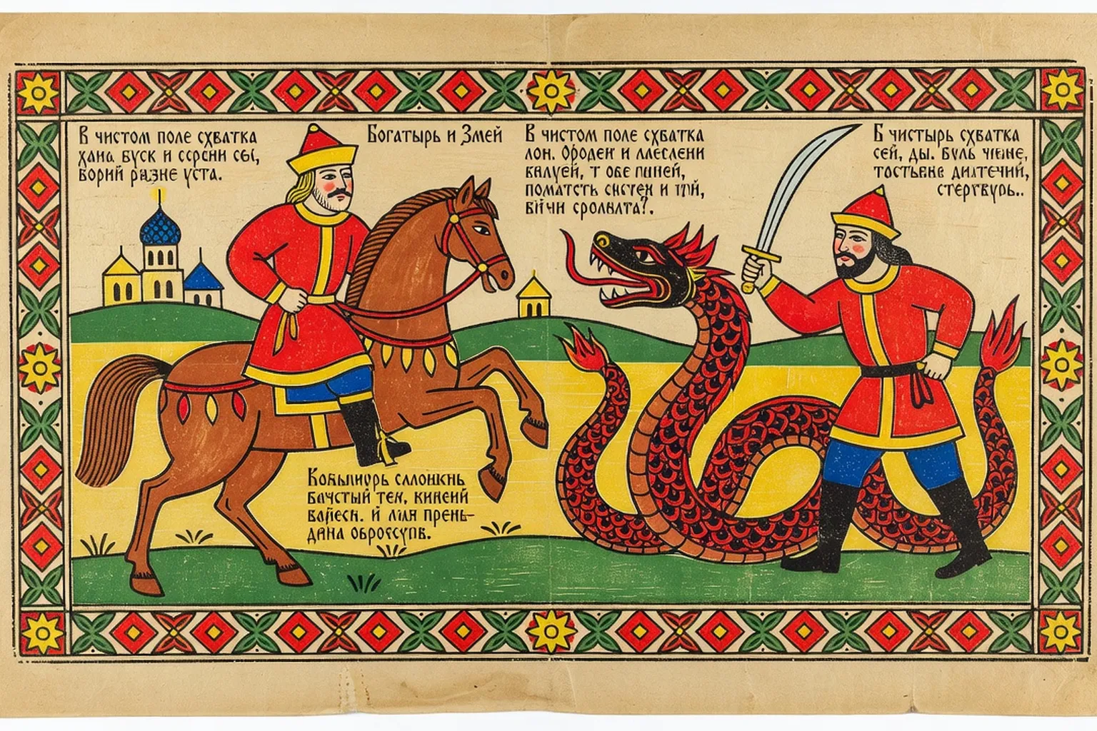 Estampe loubok russe colorée avec texte et scène de conte populaire