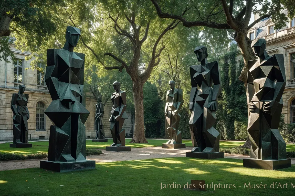 Sculptures cubistes en bronze dans le jardin du Musée Zadkine à Paris, lumière naturelle dorée
