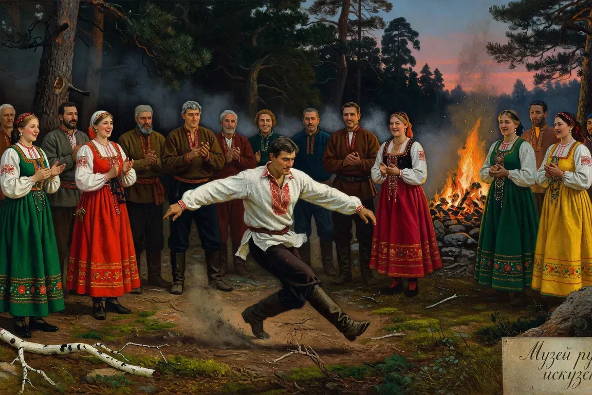 Toile du XIXe siècle représentant la plyaska russe — danseurs en costumes folkloriques colorés dans une clairière, style réaliste russe