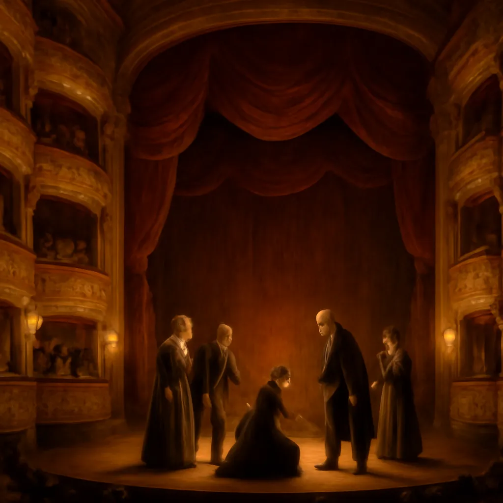 Scène de théâtre dramatique en clair-obscur, costumes fin XIXe siècle, ambiance slave mélancolique