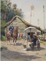 Comedie russe classique — scene de theatre avec marchands russes XIXe siecle, style Ostrovski